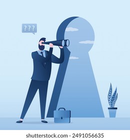 Smart businessman looking through binoculars in the keyhole. Key to opening up new opportunities. Find right way. Decision for new challenge. Entrepreneur finds new business opportunities. flat vector