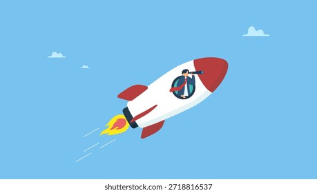 El gerente de negocios inteligente abre la ventana del cohete usando el telescopio mirando hacia adelante. Emprendimiento, visión de startup o empoderamiento, liderazgo para ver visión de futuro y empezar negocios.