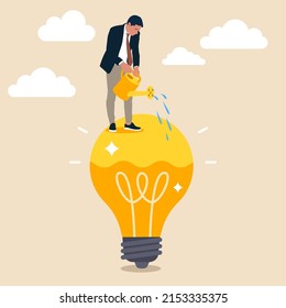 Smart businessman on bulb to fill in liquid in idea light bulb. Idea development, creativity genius or knowledge to think about new business idea, skill improvement or career growth concept.