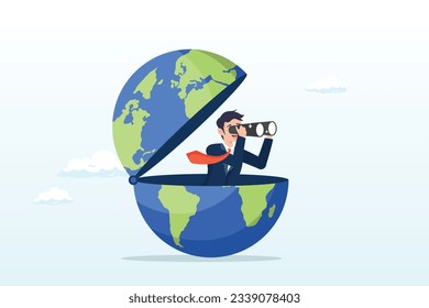 Smart businessman open globe using binoculars looking for future vision, world economic vision or international opportunity for business, work or investment, searching for oversea business (Vector)