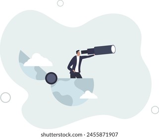 smart businessman open globe using binoculars looking for future vision.flat vector illustration.