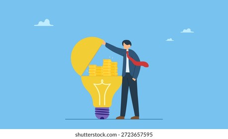 Idea de bombilla abierta de hombre de negocios inteligente y encontró monedas de dinero compuesto. Gane dinero, idea, innovación o inversión en tecnología o creatividad para obtener ganancias.