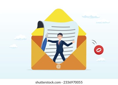 Smart businessman in opening email envelope holding fountain pen, writing email like professional, email communication for best business negotiation, storytelling or apply for new job concept (Vector)