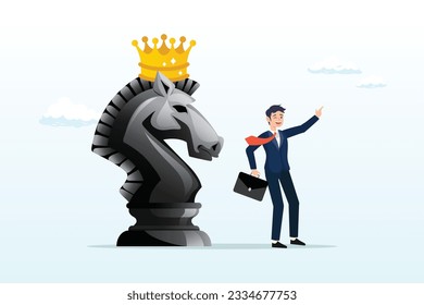 Smart businessman pointing finger to direct chess knight with king crown, strategy to win business competition, leadership to make decision, business challenge or tactic to overcome obstacle (Vector)