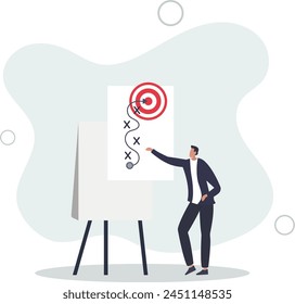 hombre de negocios inteligente que presenta la estrategia de negocios en la Ilustración vectorial whiteboard.flat.