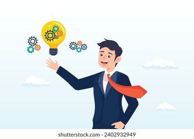 Smart businessman presenting innovative lightbulb with cogs and gears to invent new technology to solve business problem, innovation idea, creativity or imagination for business success (Vector)