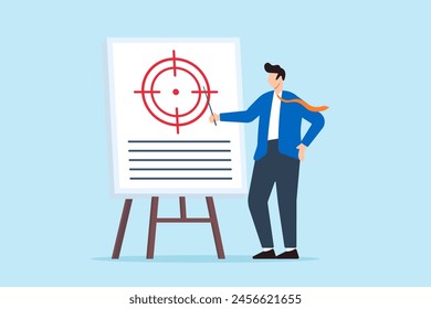 Smart businessman presents scope of work in meeting, illustrating project management. Concept of setting clear goals, targets, and objectives to guide project towards successful completion