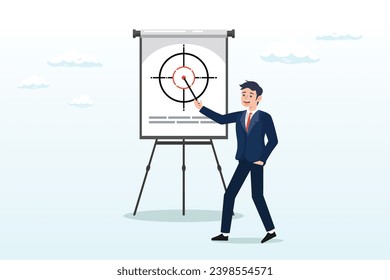 Smart businessman project manager present scope of work in meeting, scope of work, define work to be performed agreement document, plan or strategy in project management, goal and target (Vector)