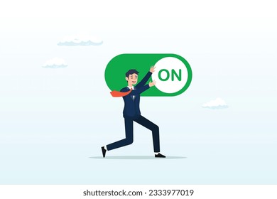 Smart businessman push setting button switch to on position, turn on switch, paradigm shift or change to be better status, start or begin business, setting or preference concept (Vector)