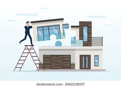 Smart businessman put jigsaw to complete or finishing house puzzle, plan to buying new house or renovation, mortgage loan or housing expense, property maintenance or real estate insurance (Vector)