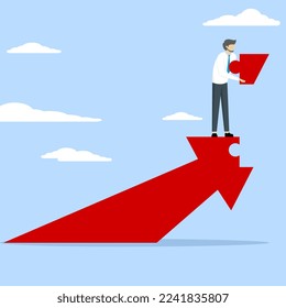 smart businessman putting last piece of jigsaw puzzle to solve growth arrow metaphor, Growth strategy concept, solution or growing business concept, solving problem for success in work.