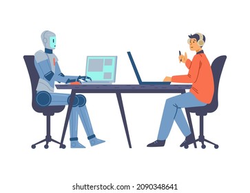 Smart businessman robot works with employer in office on laptop, artificial intelligence machine in workplace. Android, man cooperate together as team. Flat vector illustration isolated on white