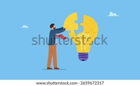 Smart businessman solving lightbulb idea puzzle by connecting last jigsaw piece. Problem solver, get solution to overcome difficulty, idea, creativity or innovation to fix problem or trouble.