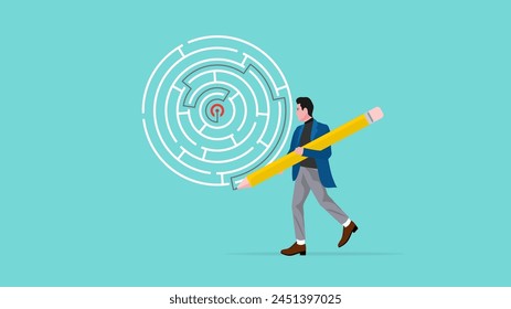 smart businessman solving maze puzzle using pencil, strategy or innovation to solve business problem, Overcoming obstacles to achieving success,  strategy to get out of trouble concept illustration 