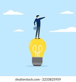 Smart businessman standing above idea light bulb and looking forward. Creative thinking, using imagination and creativity to find solutions or solve business problems, contemplation or bright ideas.