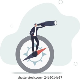 smart businessman standing with big compass look through spyglass or telescope.flat vector illustration.