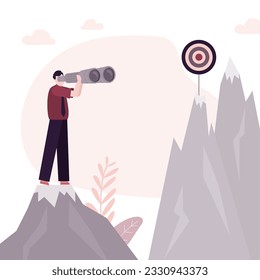 Smart businessman stands on rock and looks through binoculars at distant target. Success strategy. Business plan for profitable project. Vision of tworkflow and analysis of results. flat vector