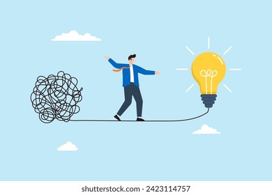 Smart businessman steps away from chaos line to simple lightbulb idea