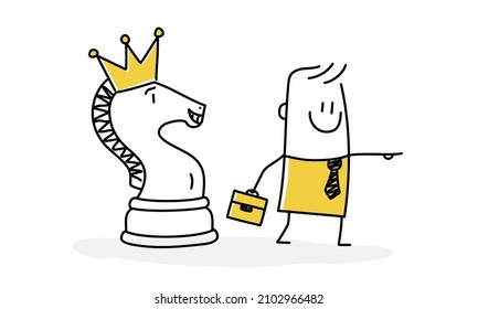 Smart businessman, stickman with horse chess piece pointing your finger forward. Strategy to win business competition. Doodle style. Vector illustration.