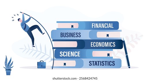 Smart businessman or student pole vault jumps over high books stack. Skills improvement. Education or knowledge, reading textbooks or study new skills, wisdom or intelligence for career opportunity.