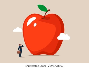 Empresario inteligente pensando con manzana grande. Pensemos en grande, aspiración a ganar y éxito en los negocios. Crecimiento financiero y de la inversión. Ilustración vectorial plana