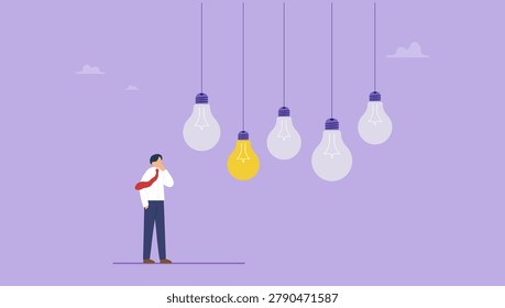 Smart businessman thinking choosing winner lightbulb idea. Challenge to pick or choose right opportunity, discover winner idea or invention thinking, select success solution choice concept.