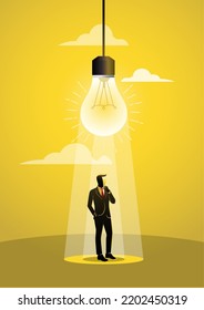 Smart businessman thinking under inspired bright light bulb 