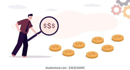Smart businessman uses magnifying glass looking and follow money coins trail, searching for investment opportunity, financial success, salary raise. Investor inspecting way to make profit and earnings