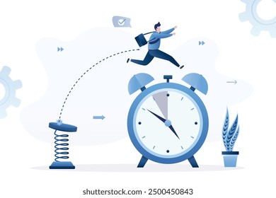 Smart businessman uses metal spring and jumps over giant alarm clock. Time management, proper planning, completion of tasks on time. Lack of deadline. Confident manager overcoming business obstacles. 