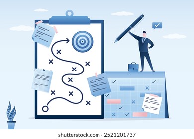 Smart businessman uses pen for project management, planning of work and business. Notes with tasks on planner, visualization in office. Paper sheet with plan, difficulty route to the goal. flat vector