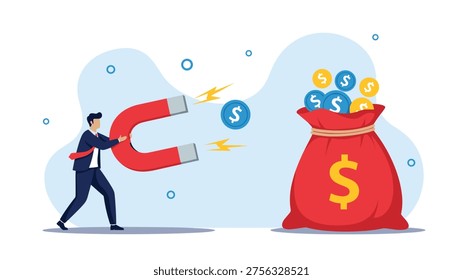 Smart businessman using a large horseshoe magnet to attract gold coins into a big red dollar money bag.