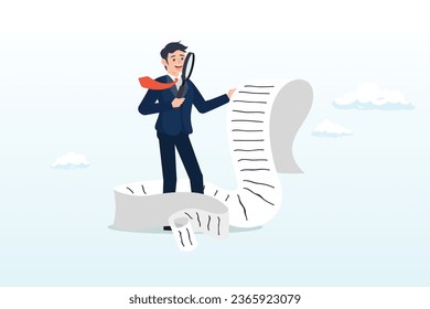 Smart businessman using magnifying glass to analyze budget, income tax or expense on long invoice receipt paper, paying bills, cost and expense analysis for business or personal finance (Vector)