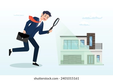 Smart businessman using magnifying glass zooming to see house or residential details, searching for new house, look for real estate and accommodation valuation or new rent and mortgage (Vector)