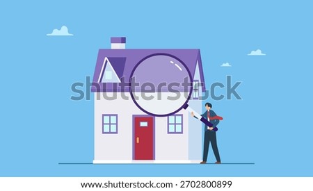 Smart businessman using magnifying glass zooming to see house or residential details. Searching for new house, look for real estate and accommodation valuation or new rent and mortgage.