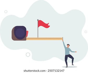 Hombre de negocios inteligente que usa la cinta métrica para medir y analizar la distancia de la bandera objetivo. Diseño plano con personas.