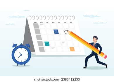Smart businessman using pencil to mark important appointment date on calendar with alarm clock, schedule business appointment, important date, working project plan or reminder (Vector)