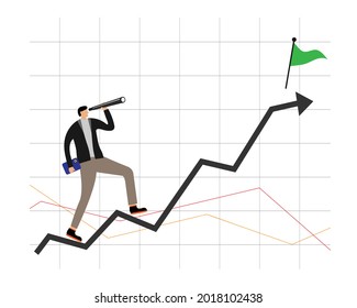 Smart businessman using telescope to see future standing on top of rising arrow market graph. Looking at opportunities, wealth of investors, traders, profit growth and career achievement concepts