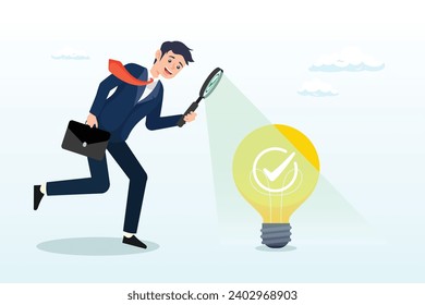 Smart businessman verify or validate light bulb idea and make approval, validate startup idea that have potential to implement and success in real life, analyse and choose best business idea (Vector)