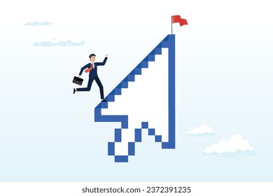Smart businessman walk up computer mouse pointer as staircase to reach goal, digital marketing or digital transformation, seo, online technology or internet to achieve business success (Vector)