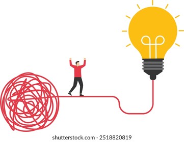 Smart businessman walking away from mess chaos line to simple lightbulb idea. Simplify idea to find solution, thinking process or creativity to solve problem, discover easy way to understand concept.
