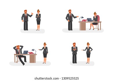 Smart Businessman And Woman Character Creation Set With Various Views, Face Emotions, Poses And Gestures In Cartoon Style.