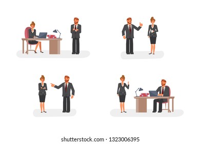 Smart Businessman And Woman Character Creation Set With Various Views, Face Emotions, Poses And Gestures In Cartoon Style.