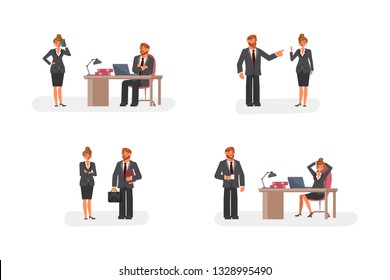 Smart Businessman And Woman Character Creation Set With Various Views, Face Emotions, Poses And Gestures In Cartoon Style.