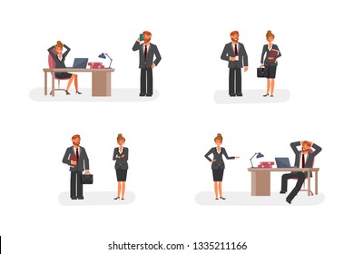 Smart Businessman And Woman Character Creation Set With Various Views, Face Emotions, Poses And Gestures In Cartoon Style.