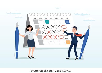 Smart businessman and woman office worker holding big pencils discussing project timeline calendar, work schedule calendar, project management timeline or business planning and reminder (Vector)