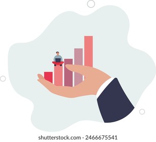smart businessman working with computer on growth graph in giant hand.flat vector illustration.