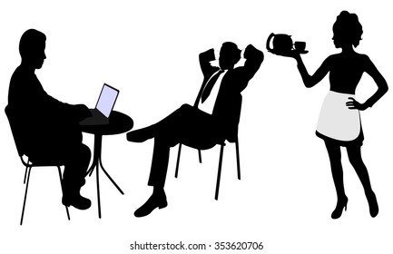 smart businessmen discussing project in laptop while waitress serving coffee