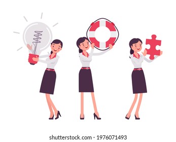 Smart businesswoman, business manager with giant bulb lamp, lifebuoy, puzzle. Office worker professional look, formal attire. Vector flat style cartoon illustration isolated on white background