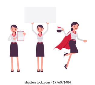 Smart businesswoman, business manager, hero with coffee pot mug, banner, clipboard. Office worker professional look, formal attire. Vector flat style cartoon illustration isolated on white background
