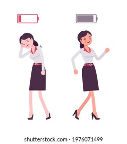 Smart businesswoman, entrepreneur, business manager with full, empty energy battery. Office worker professional look, formal attire. Vector flat style cartoon illustration isolated on white background